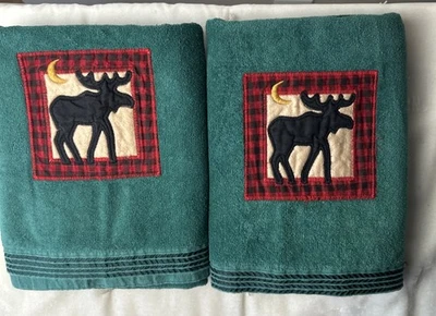 2 зеленых полотенца для ванны хлопок лось красный клетчатый дизайн тисненая отделка зима 42x24"" - Изображение 1 из 4