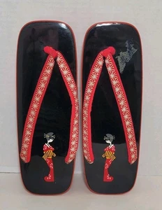 Vintage Japanese Wooden Lacquered Painted Geta Kimono Sandals Geisha Shoes - Picture 1 of 14
