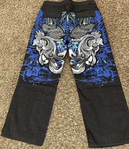 Y2K Inspired Style Baggy Jeans Graphics Grunge Wings Skate Sz 36x28 - Picture 1 of 7