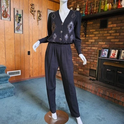 Vtg 80s Glam Disco Evening Cocktail Party Santana Knit Rhinestone Mob Jumpsuit L - Image 1 of 4