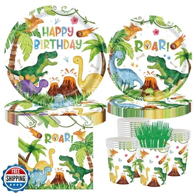 Suministros para fiestas de cumpleaños de dinosaurios, juego de vajilla desechable de 120 piezas con coche divertido Foto 1 de 4