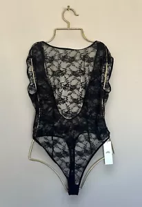 Urban Outfitters Sheer Lace Bodysuit Scoop Back Top Black Size L stretchy - Picture 1 of 12