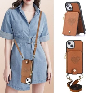 Case For iPhone 16 15 14 Pro Max 13 Leather Card Wallet Crossbody Lanyard Cover - Picture 1 of 19