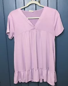 Camicia lavanda Ninexis tunica media scollo a V orlo increspato civetta BOTTONE MANCANTE - Foto 1 di 5