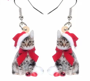 Divertidos pendientes planos de acrílico para gato de Navidad, sombrero de Papá Noel, fiesta navideña, nuevos - Imagen 1 de 5
