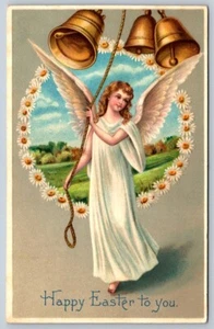 Happy Easter To You, Angel, Bells, Daisy Wreath, Rural Scene, Antique Postcard - Picture 1 of 2