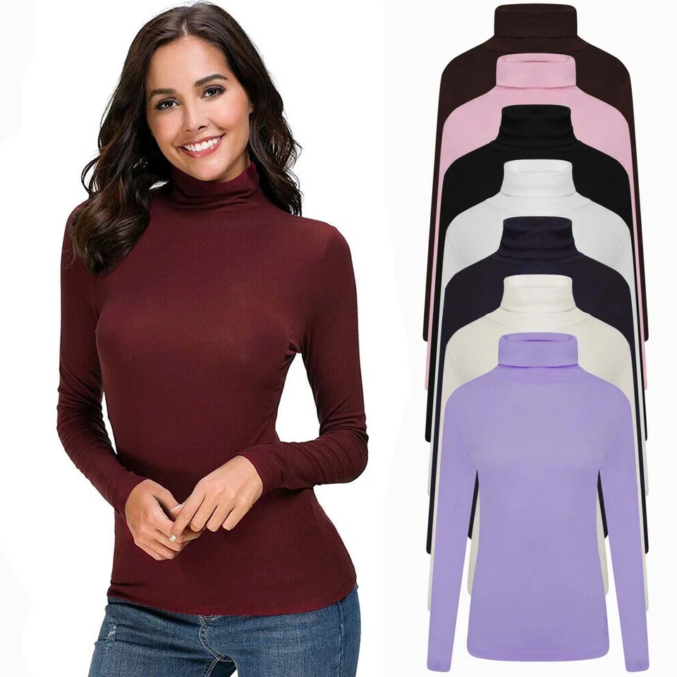 WOMENS LADIES POLO NECK TOP STRETCH LONG SLEEVE TURTLE NECK TOP JUMPER 8-26 - Image 1 of 1