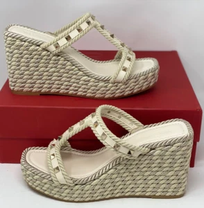 VALENTINO ROCKSTUD WEDGE SANDAL SILK TORCHON Rope Light Ivory I16 40 EU 10 US - Picture 1 of 24
