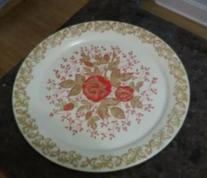 Vintage Metal Large Round Cream / Gold Red Rose  Tray 19" Hand Painted  - Picture 1 of 4
