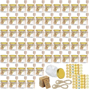 60 Pack Mini Honey Jars/Pot Metal Lids,1.5 Oz Glass ,Wooden Dippers,Bee Charms,J - Picture 1 of 8