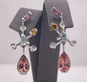 14K White Gold Multi Color Semi Precious Gemstone & Diamond Drop Earrings - Picture 1 of 9