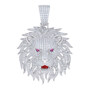 925 Sterling Silver Pink Moissanite Red Enamel Iced Out Lion Pendant | 6.36 Ct. - Picture 1 of 1