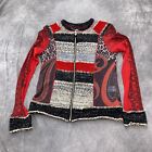 Lulu H Sweater Womens Xlarge Red Black Leopard Paisley Zip Cotton Stretch Boho