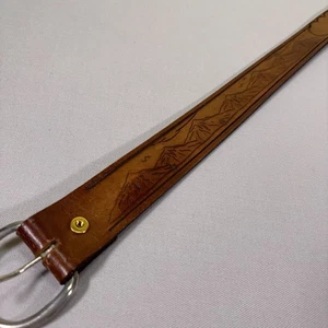 VTG Tooled Leather Belt - Country Western Cowboy - Brown - Mountains - Mens 42 - Picture 1 of 9