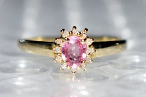 PINK SAPPHIRE RING SOLID 14CT GOLD & 0.12CT DIAMONDS CLUSTER RING N7 NATURAL GEM - Picture 1 of 10