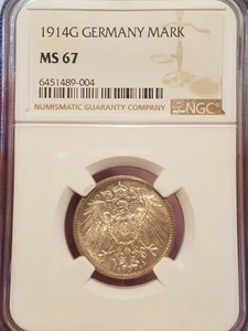 1914G Germany Silver 1 Mark NGC MS 67 GEM BU, Near Top Pop! - Picture 1 of 4