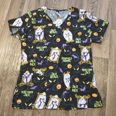 Disney Womens Halloween Scrub Top XS Nightmare Before Christmas Jack Skellington - Image 1 of 4