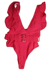 NEW One Piece Swimsuit Size Medium Red Belt Deep V-Neck NWOT - Picture 1 of 4