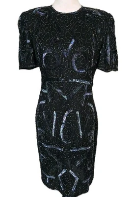 Vtg 80s Lawrence Kazar Silk Glam Sequin Embellished Evening Sheath Dress Sz L - Image 1 of 4