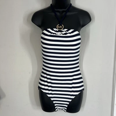 Traje de baño Michael Kors para mujer 8 piezas halter rayas azul marino blanco elegante baño S Foto 1 de 4