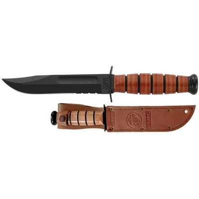 USMC Short KA-BAR Serrated Fixed Knife 9.25" Clip Point 1095 Cro-Van Blade, - Image 1 of 3