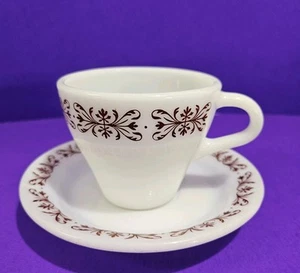 Vtg Anchor Hocking Fire-King 350 Tea Cup & Anchorware Saucer White Brown USA - Picture 1 of 9