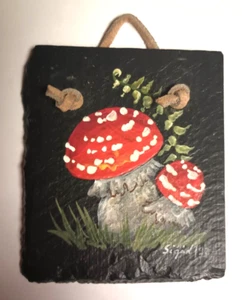 Vtg 1992 Hand Painted Mushroom Hanging Slate Wall Decor Sigrid Schmidt Denmark - Picture 1 of 5