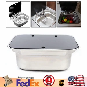 RV Caravan Camper Boat Hand Wash Basin Kitchen Sink w/Lid Faucet Stainless Steel - Picture 1 of 13