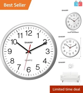 Modern Silver 14-Inch Wall Clock - Quiet Quartz Movement for Classrooms & Homes - Picture 1 of 9