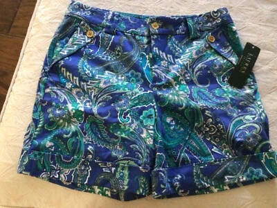 Lauren Ralph Lauren 全新女式短裤佩斯利铐平前蓝色 8P — 第 1/4 张图片