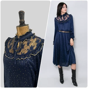 70's Vintage Spengler Mode Blue Lace Long Sleeve Gold Polka Dot Midi Dress - Picture 1 of 8