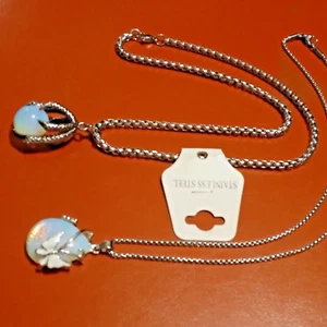Opalite Stone His and Her's set of Pendants With Silvertone Chain or Key Ring - Picture 1 of 6