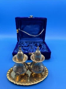 Solid Brass Salt And Pepper With Round Plate In Nice Purple Velvet Box - Picture 1 of 20
