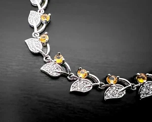 Elegant Lab-Created Citrine Leaf CZ Sterling Silver Plate Tennis Bracelet 8.5" - Picture 1 of 5