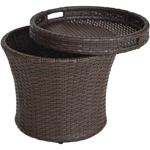 Outdoor PE Wicker Umbrella Side Table Patio Storage Box Rattan Bistro Table - Picture 1 of 7