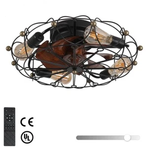 20" Black Modern caged Flush Mount Ceiling Fan LED Light Kit with Remote Control - Picture 1 of 10