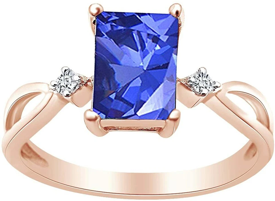 Anel solitário de tanzanita simulado corte radiante em prata folheada a ouro rosa 14k - Imagem 1 de 1