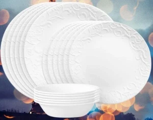 Corelle 18-pc Vitrelle White Embossed Bella Faenza Dinnerware Set Service for 6 - Picture 1 of 5