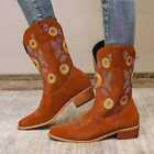 Women Western Boots Block Mid Heel Embroidery Riding Biker Mid Calf Boots Shoes
