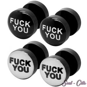 1 Pair Fake Plugs FUCK YOU Earrings Earrings White Black FU Unisex - Picture 1 of 3