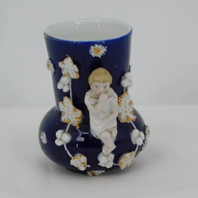 Vintage Cobalt Blue Porcelain Boy Figurine Bud Vase Gold 3 1/4" Toothpick Holder - Image 1 of 4
