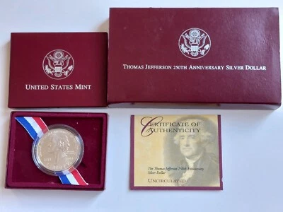 1993 Thomas Jefferson 250th Anniversary Proof 90% Silver Dollar Coin OGP & COA - Image 1 of 4