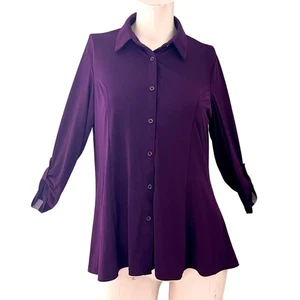Women's Deep Purple Long Sleeve Button Down Tunic Top Size L Career Goth Casual - Picture 1 of 7
