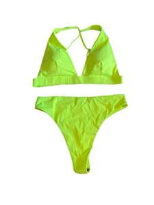 NWOT Two Piece Neon, Yellow Thong Bikini Set Adjustable Straps Size Large - Imagen 1 de 8