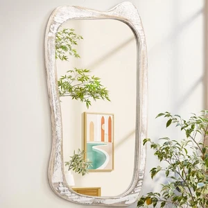 AAZZKANG Irregular Wooden Wall Mirror, 32"x20", Asymmetrical, Minimalist Deco... - Picture 1 of 7