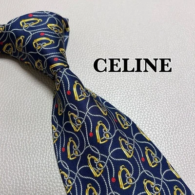 Celine Macadam Triomphe Stripe Dot Check Silk Tie Navy Used - Image 1 of 4