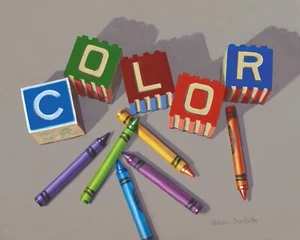 DANFORTH Crayola Crayons Toy Blocks, 8x10 still life realism oil painting - Picture 1 of 3
