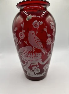 Anchor Hocking Ruby Red Glass Vase Cherry Blossoms with Birds in Nest MCM - Picture 1 of 10
