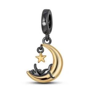 Fashion Sterling Silver 925 Black/Gold Tone Cat Charm Bead For Bracelet Necklace - Picture 1 of 3