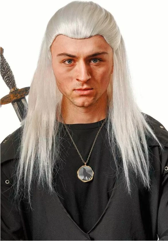 Peluca de Halloween gris para hombre adulto caballero medieval elfo guerrero brujo Geralt Legolas Foto 1 de 1